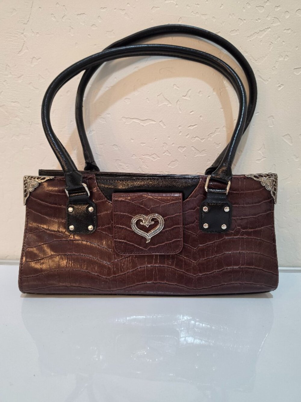 Vintage Brighton Croc Embossed Leather Satchel Shoulder Bag Brown Black Heart